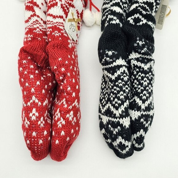 Joy Knit Sherpa Lined Slipper Sock Set Christmas Lounge Grippers Red Snow Black - Picture 7 of 13